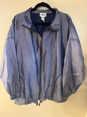 EZZE WEAR 90s JACKET Made in Canada Blue Iridescent Oversized LARGE Disco Twill